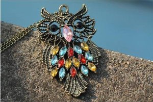 Antique Alloy with Colour Crystal Owl Long Prendant Bronze Necklace